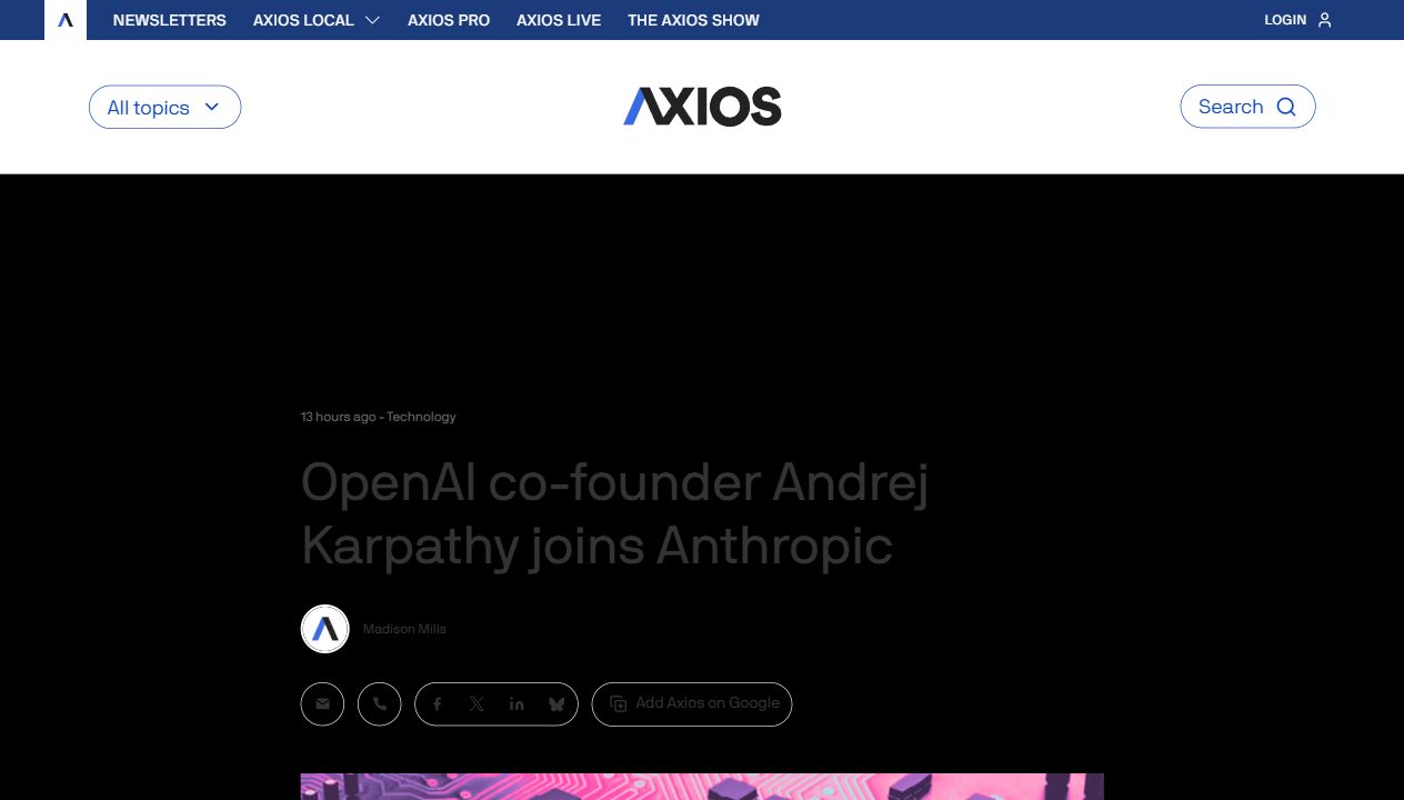 Screenshot of Axios report on Andrej Karpathy joining Anthropic