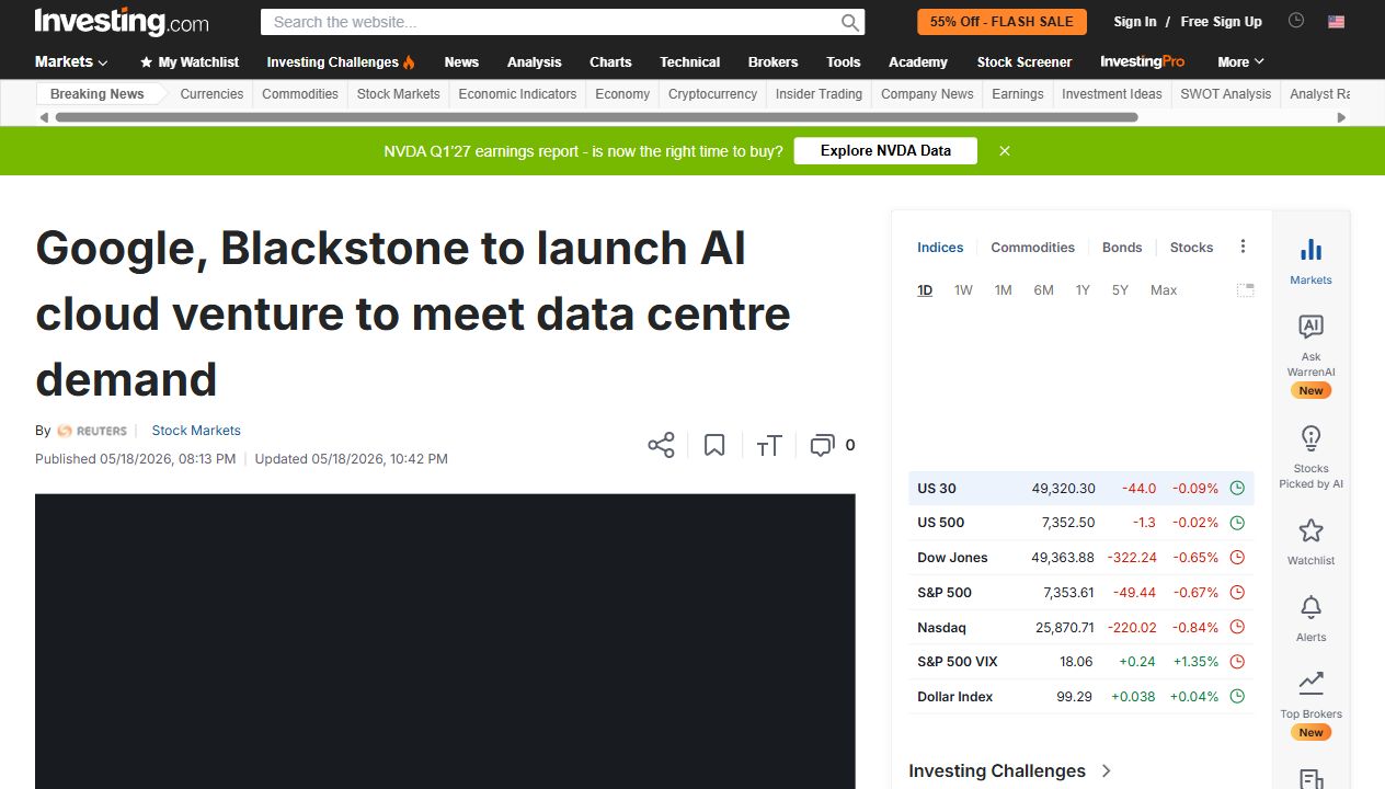 Screenshot of Reuters report on Google and Blackstone AI cloud venture