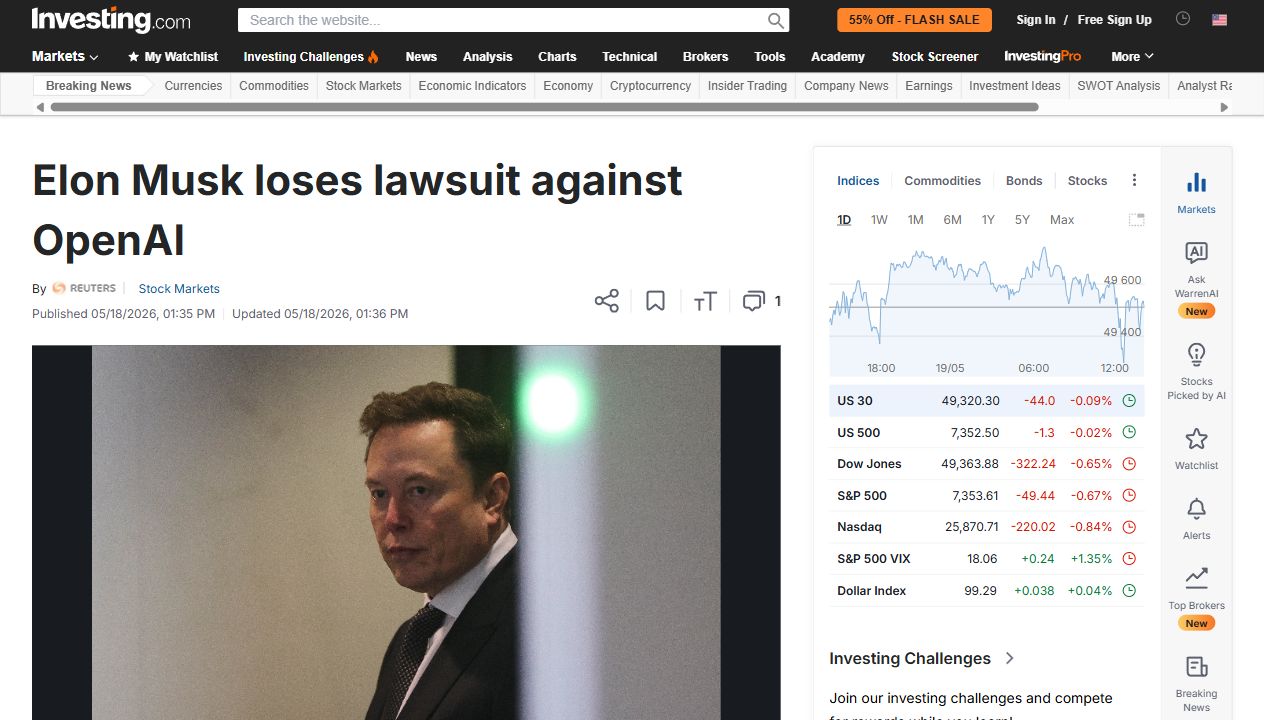 Screenshot of Reuters report on Elon Musk losing lawsuit against OpenAI