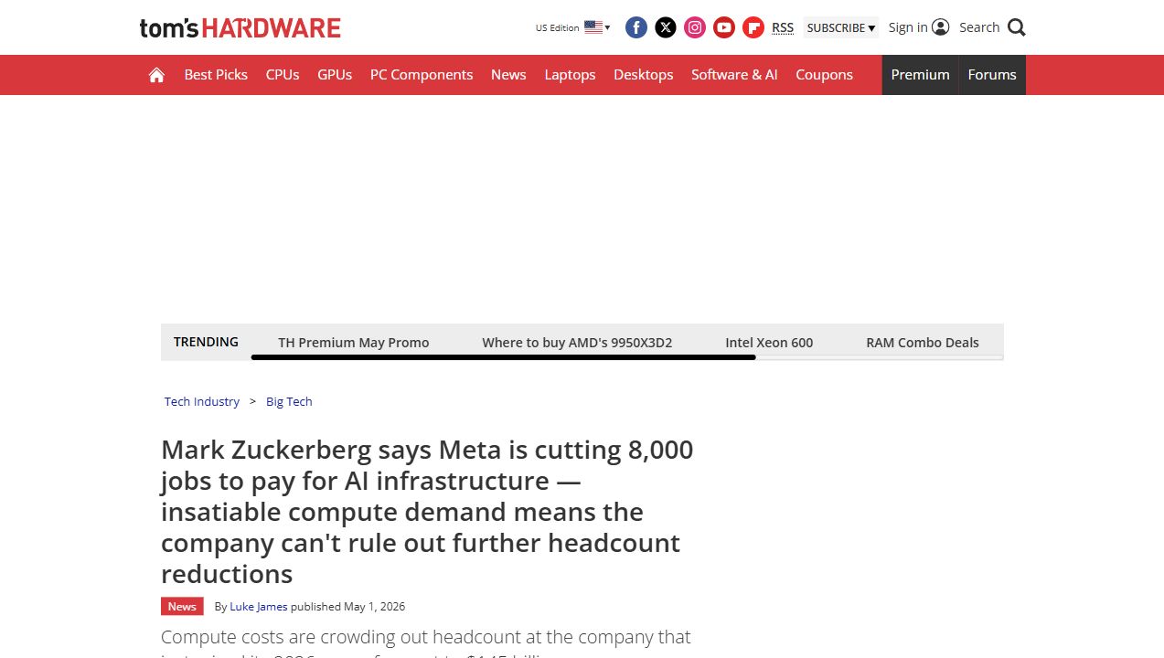 Screenshot of Tom's Hardware report on Meta AI infrastructure spending